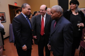 Ed Bullins, right, with then-Gov. Deval Patrick, left, and Northeastern President Joseph Aoun, center.