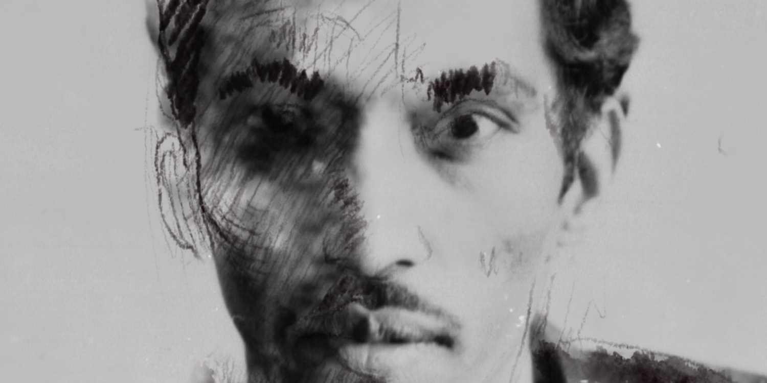 Image shows a black and white photograph of an Asian man, with drawings overlayed on top of his face. It is a still image from Richard Fung's film, "The Enigma of Harold Sonny Ladoo."
