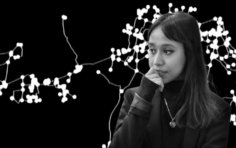 Image of Sutanuka Jashu in front of a screengrab of her art project "Media Sculpt."