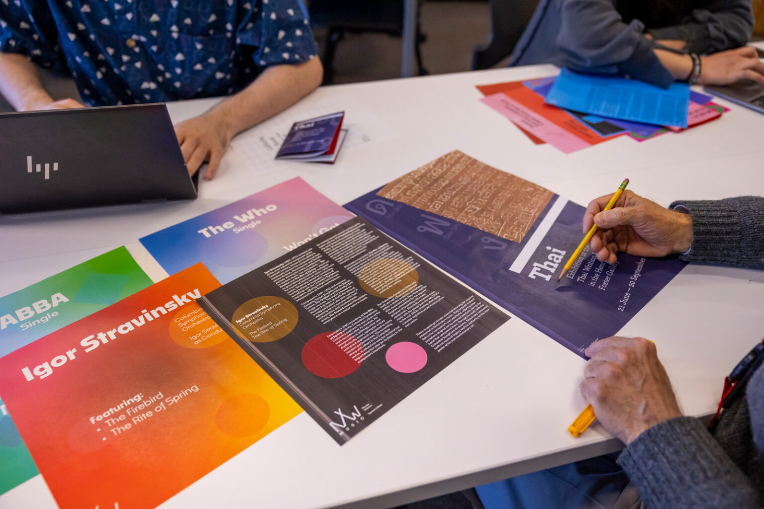 colorful design work on a table in a classroom