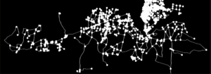 Black and white image of a network, with lots of white dots connecting to each other.