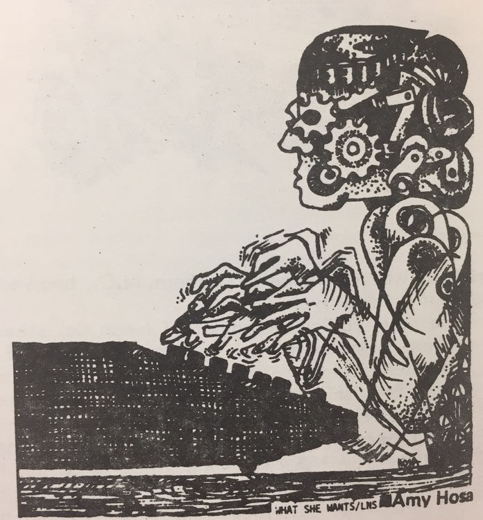 Black and white drawing of a person at a typewriter. The person has gears turning in their head.