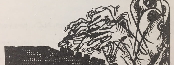 Black and white drawing of a person at a typewriter. The person has gears turning in their head.