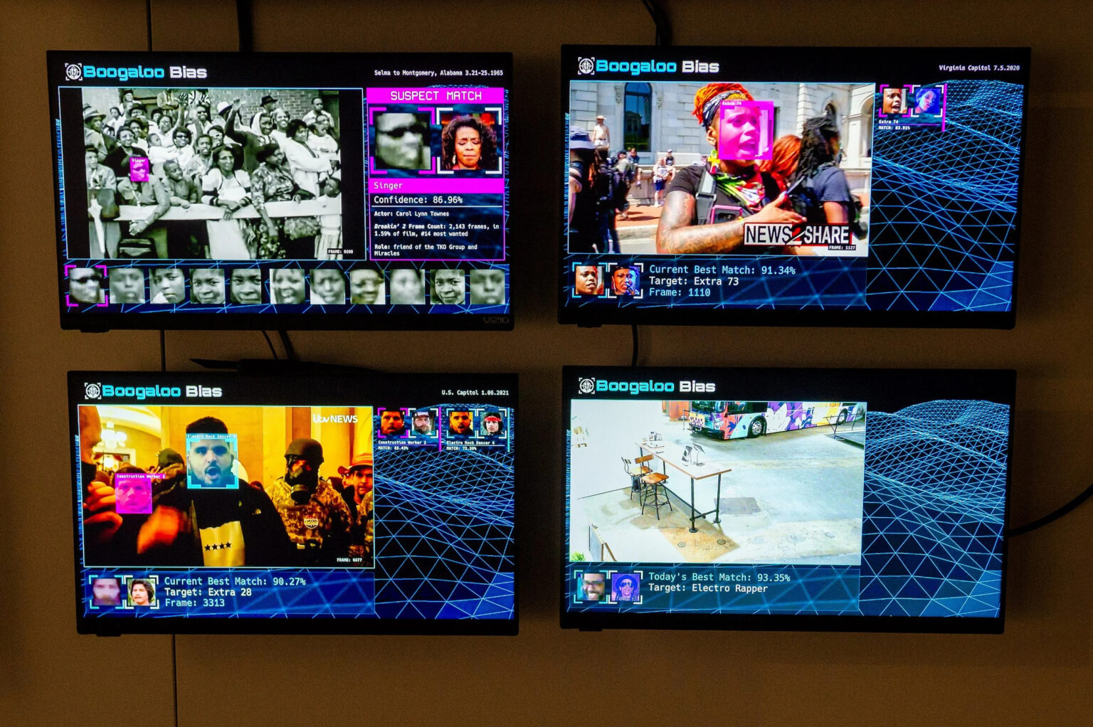 Installation view of "Boogaloo Bias" by Jennifer Gradecki and Derek Curry in Science Gallery Atlanta’s JUSTICE in 2023.