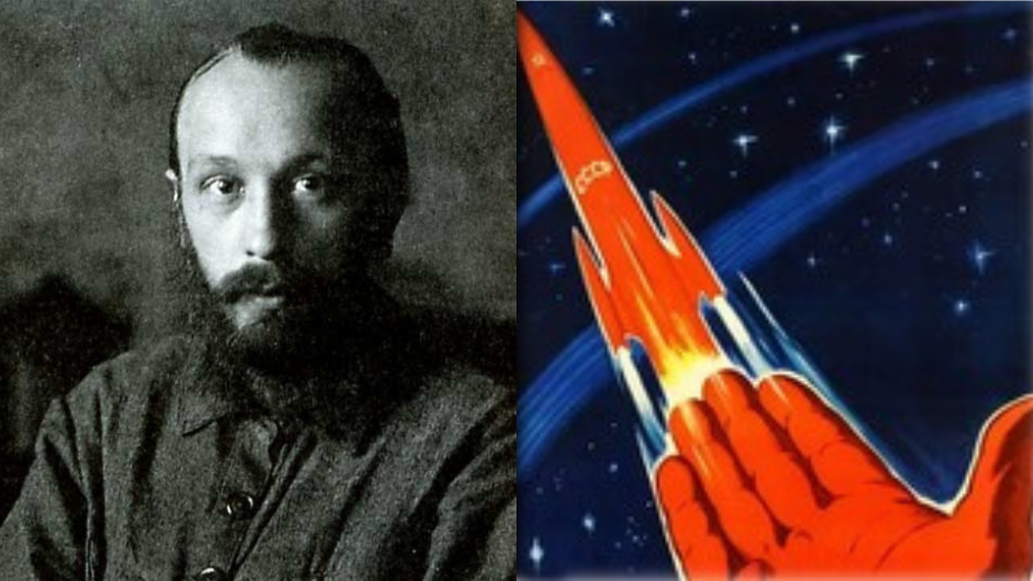 On the left is an image of Mikhail Bakhtin. On the right is a Soviet-style image of a rocket ship coming out of a hand.