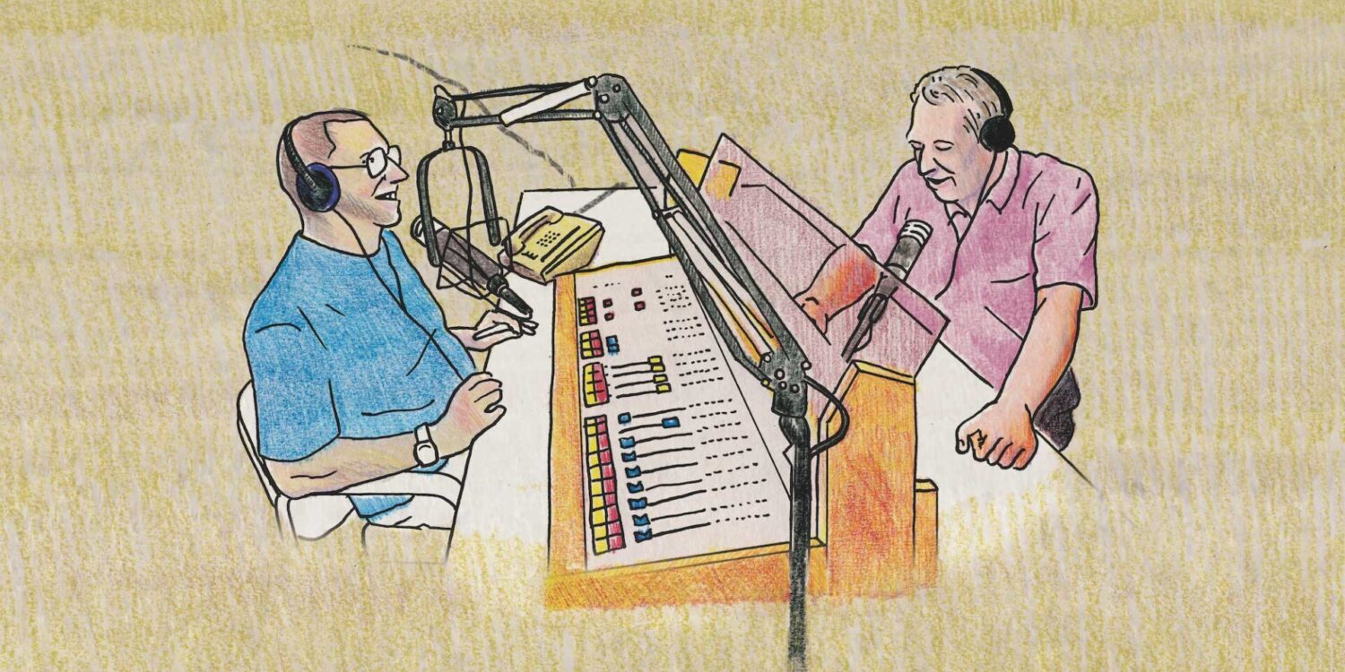 Cartoon-style drawing of a public radio interview, depicting a conversation between two men wearing over-the-ear headphones, speaking into microphones.