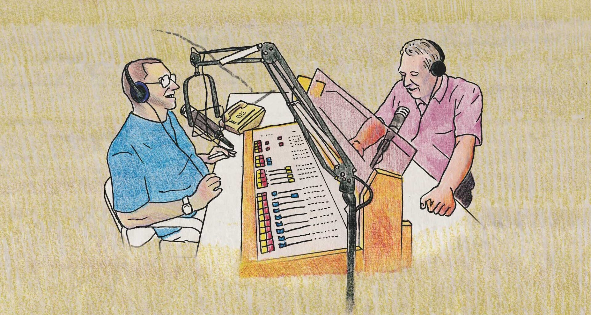Cartoon-style drawing of a public radio interview, depicting a conversation between two men wearing over-the-ear headphones, speaking into microphones.