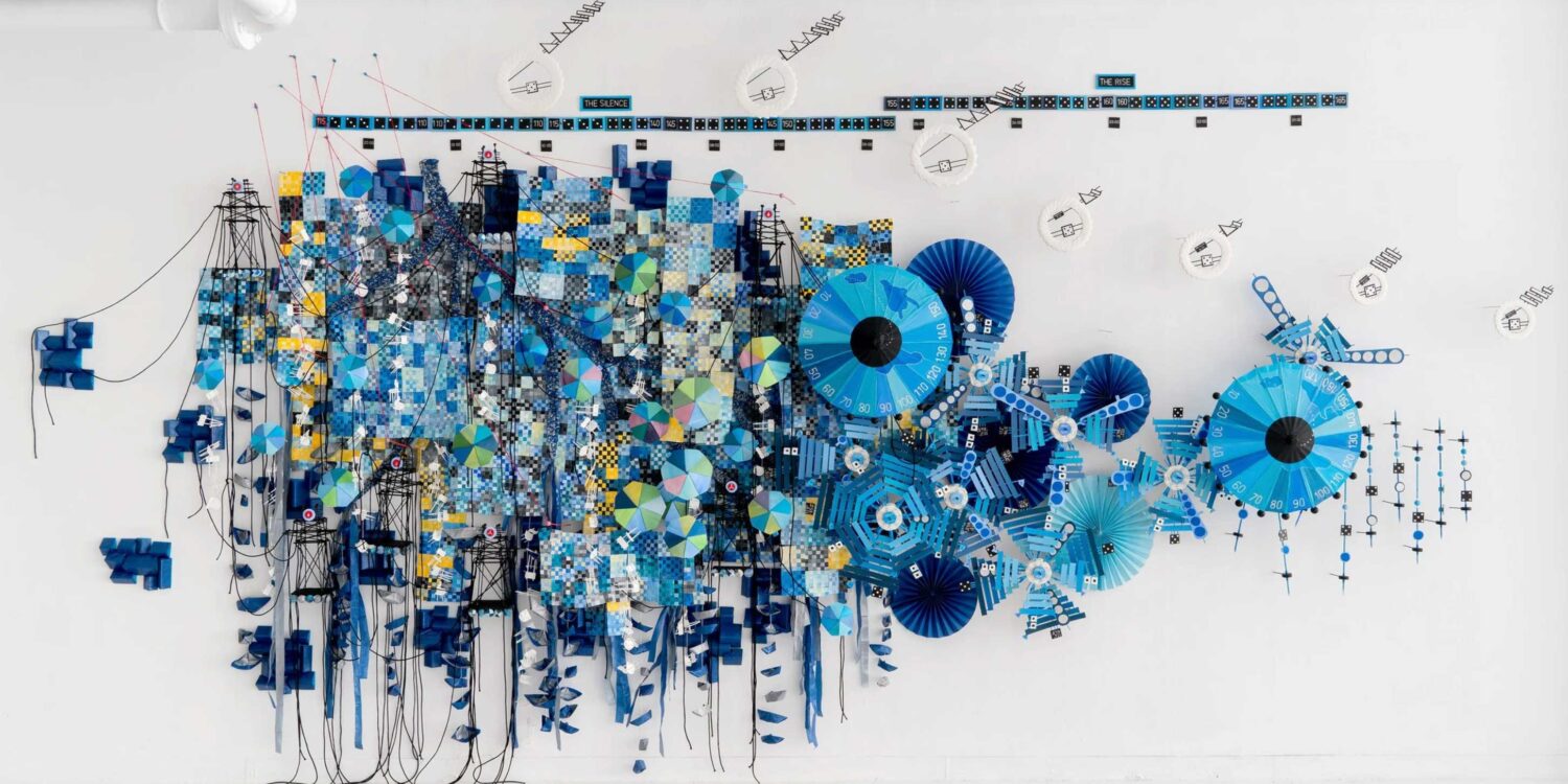 Image of Nathalie Miebach's data physicalization art piece, "The Burden of Every Drop."