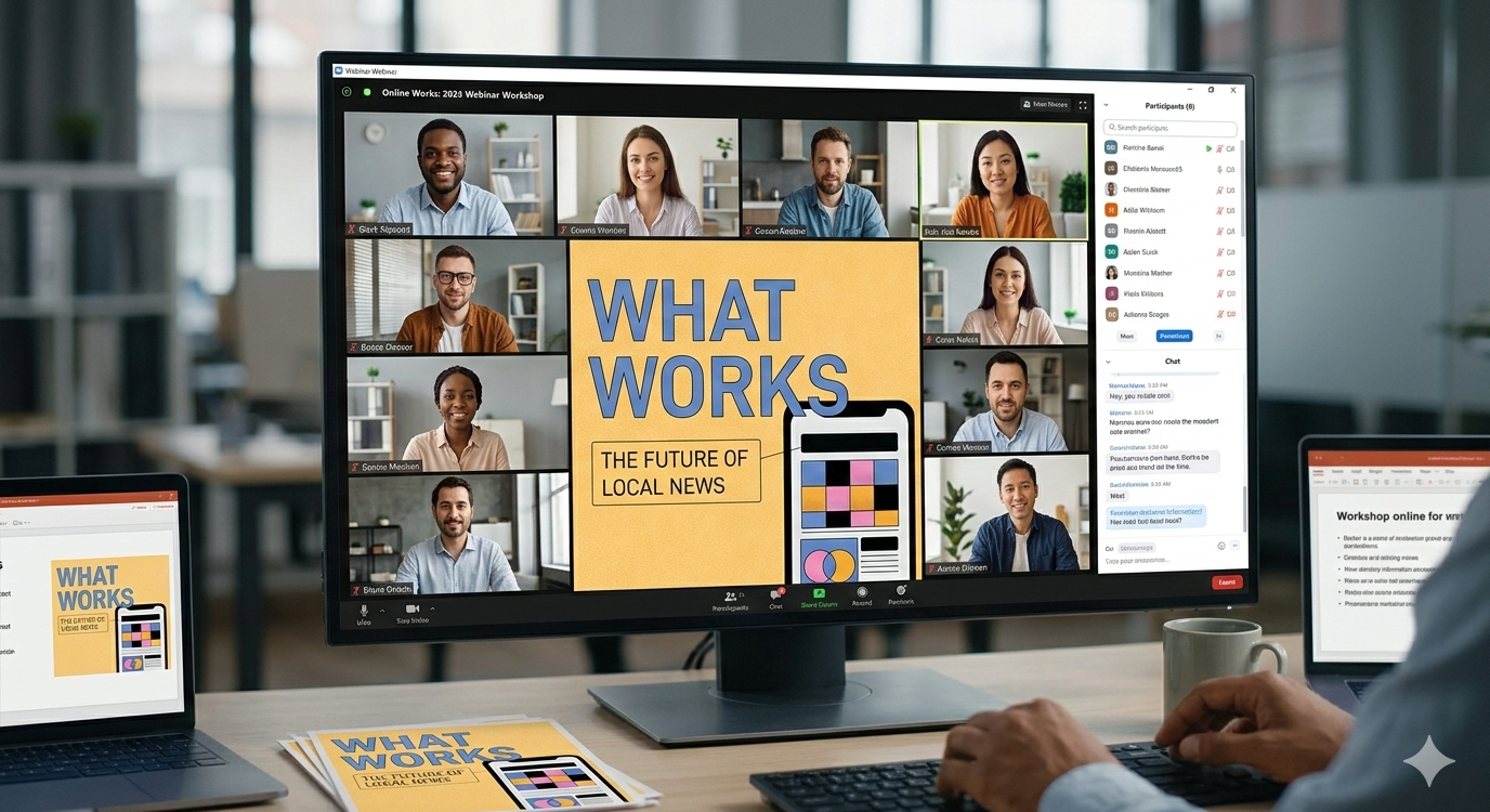 Photo of a computer screen with a Zoom event on it. It has the "What Works: the Future of Local News" logo on it.