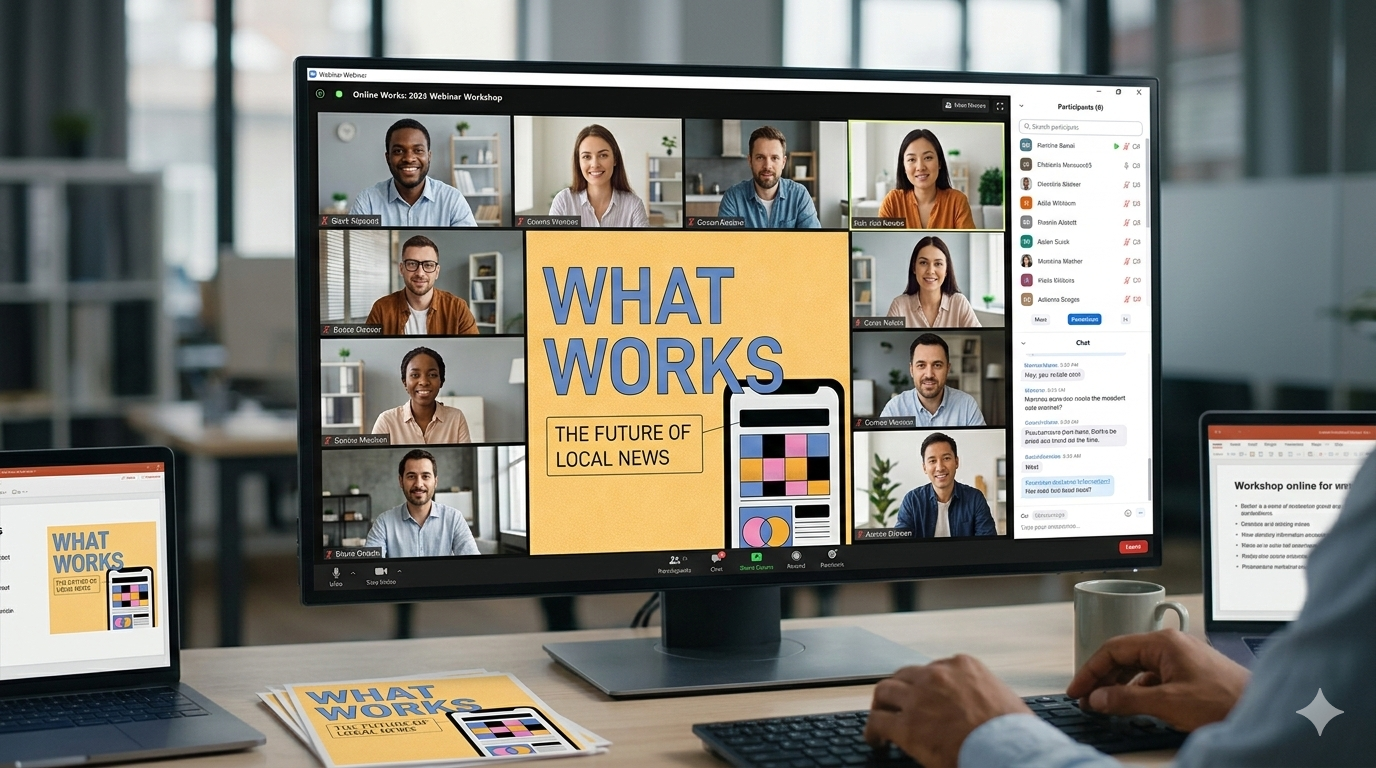 Photo of a computer screen with a Zoom event on it. It has the "What Works: the Future of Local News" logo on it.