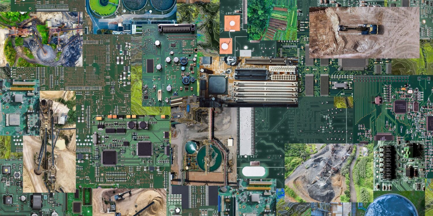 Silicon Landscapes is a collage of circuit boards interwoven with aerial photographs of water treatment facilities, agricultural lands, industrial sites and mining machinery. It represents the resource-intensive material realities of AI systems transforming the natural landscapes through extractivist processes.
