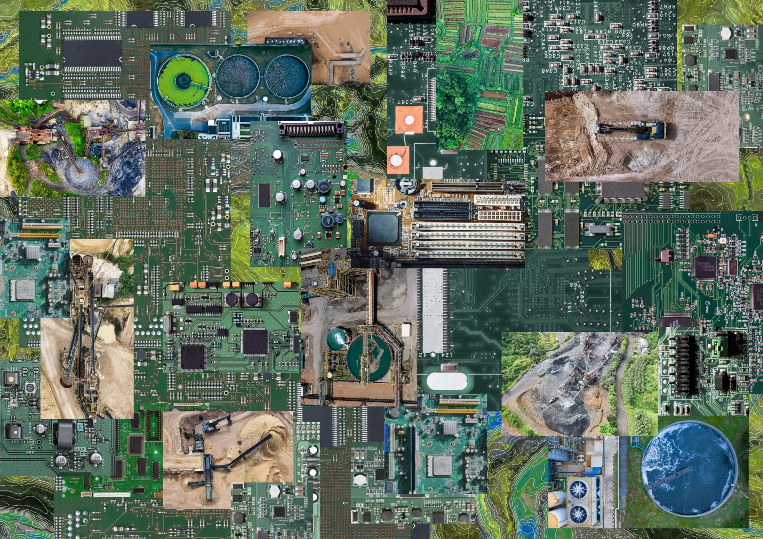 Silicon Landscapes is a collage of circuit boards interwoven with aerial photographs of water treatment facilities, agricultural lands, industrial sites and mining machinery. It represents the resource-intensive material realities of AI systems transforming the natural landscapes through extractivist processes.